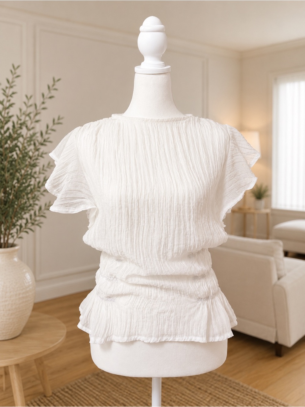 White Sheer Textured Ruffle Blouse